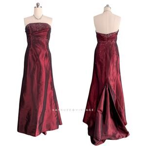 Vintage Prom Dress Maxi Gown M Red Strapless Glam Y2K Hollywood Retro Evening